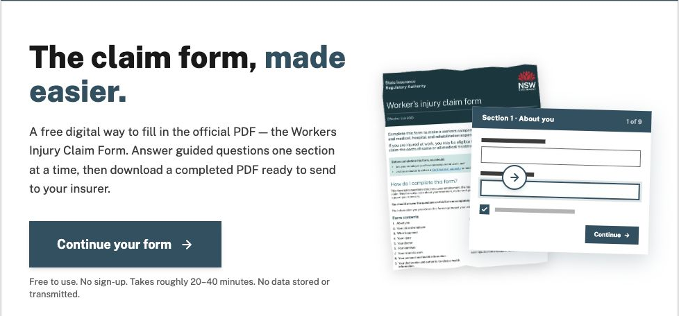 NSW Digital Injury Claim Form website showing its guided claim form introduction